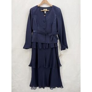 Talbots Jacket Skirt Set Womens 6 Blue Pure Silk Chiffon Tiered Formal Wedding